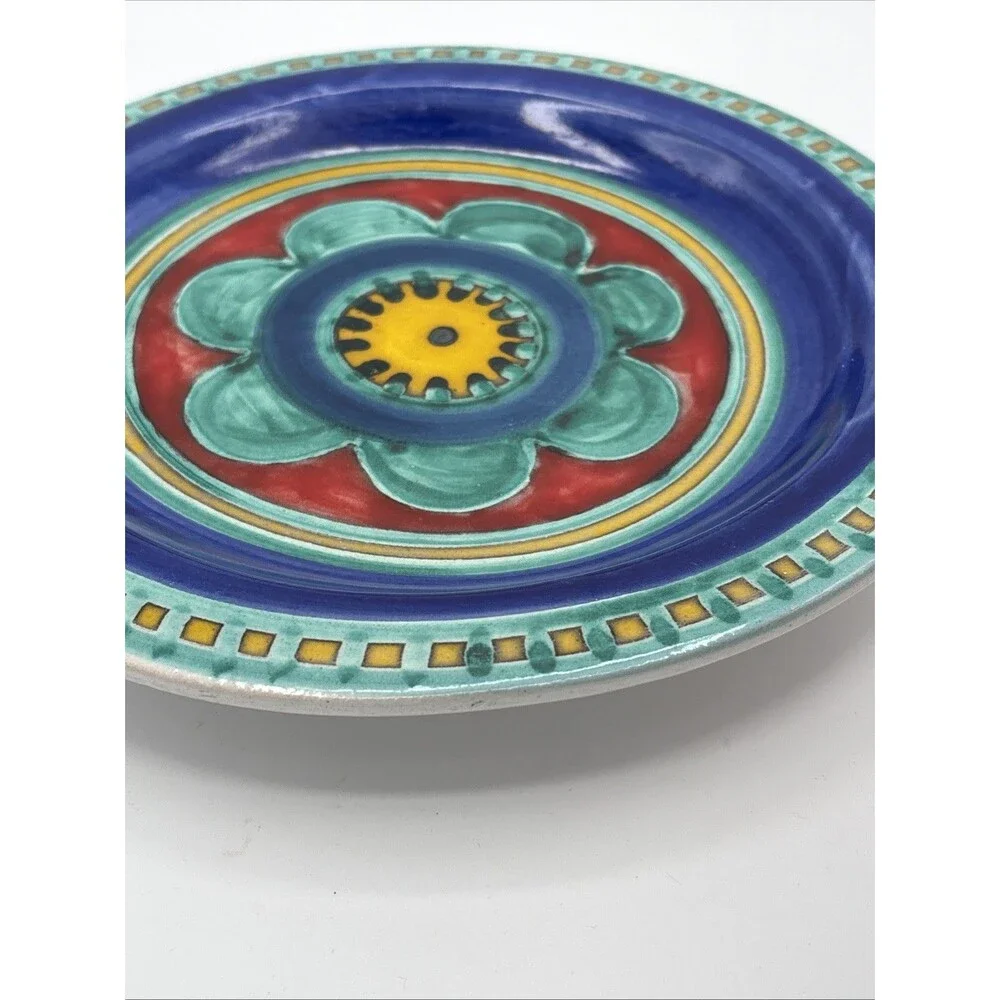 DeSimone Italy Art Ceramic Plate Signed Colorful Pottery Blue Red Flower 10 Inch